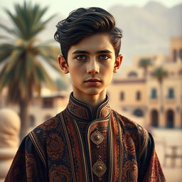 A portrait of an Arab femboy boy in 1875, showcasing an elaborate traditional outfit with intricate patterns and rich colors
