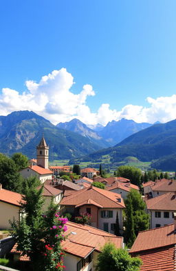A panoramic view of Belluno, Italy, showcasing its beautiful mountainous landscape, charming medieval architecture, and lush greenery