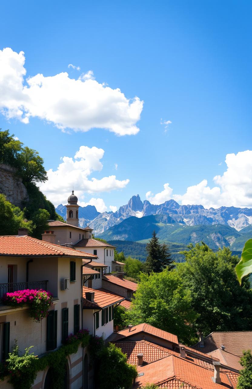 A panoramic view of Belluno, Italy, showcasing its beautiful mountainous landscape, charming medieval architecture, and lush greenery