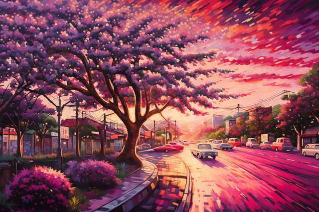 A high-definition, wide-angle impressionistic painting of Arakurayama Sengen Park and a long street at sunset