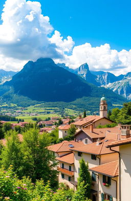 A panoramic view of Belluno, Italy, showcasing its beautiful mountainous landscape, charming medieval architecture, and lush greenery