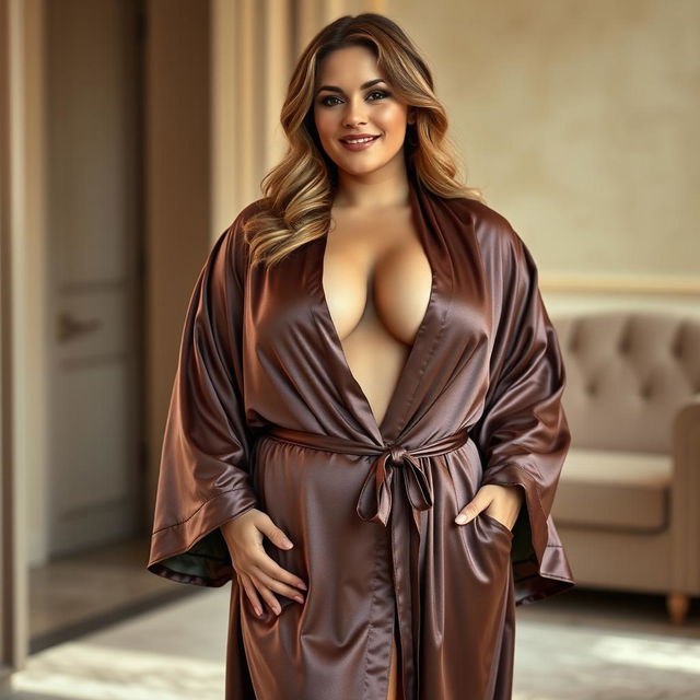 A curvy slim Serbian woman with a fuller figure, elegantly draped in a luxurious robe that accentuates her deep cleavage and narrow tummy