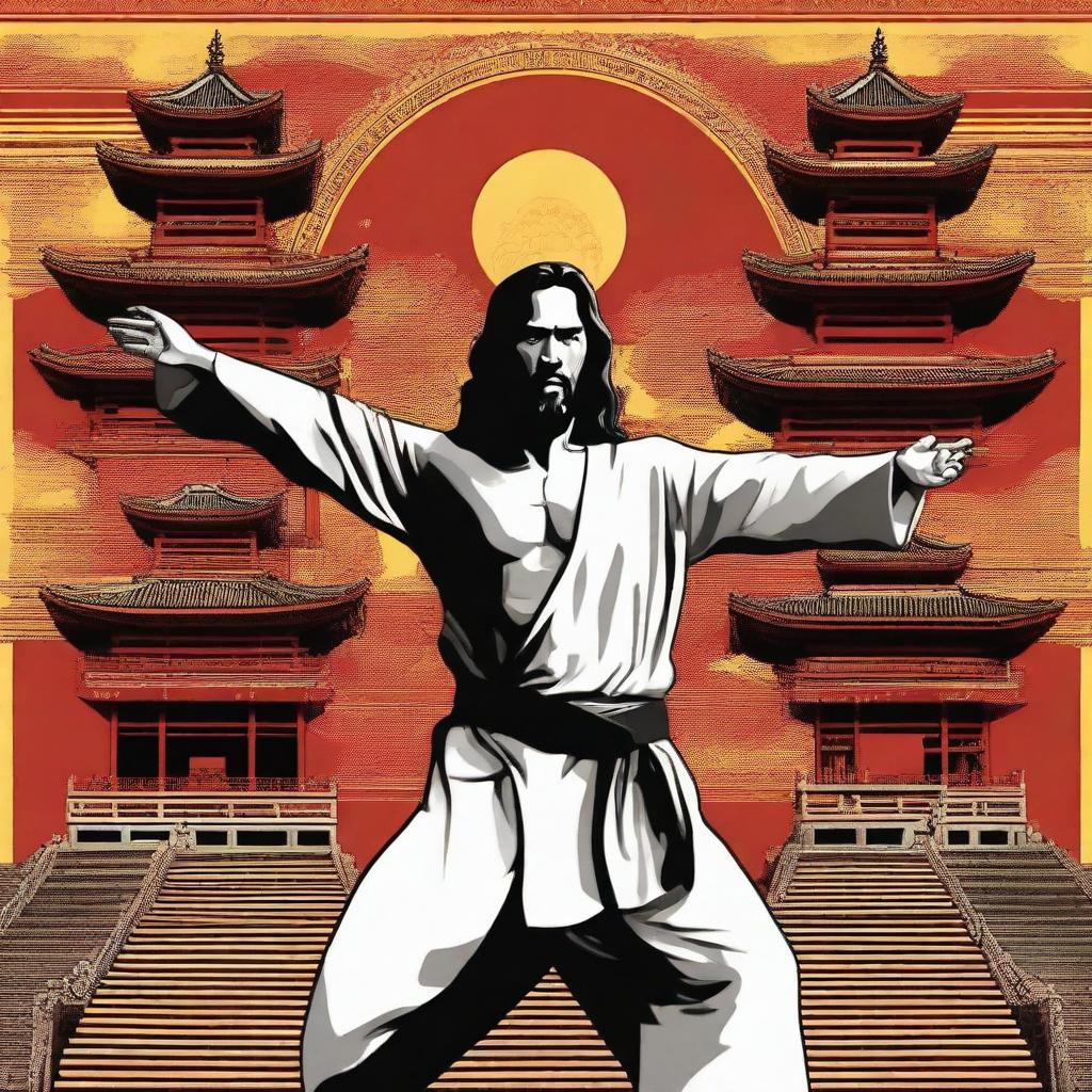 This digital art piece depicts Jesus Christ in a martial arts stance from the movie 'Enter the Dragon', set against the backdrop of the movie's oriental architecture