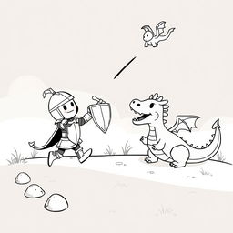 A whimsical, child-friendly scene depicting a cute knight in shiny armor energetically fighting a playful, cartoonish dragon