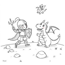 A whimsical, child-friendly scene depicting a cute knight in shiny armor energetically fighting a playful, cartoonish dragon