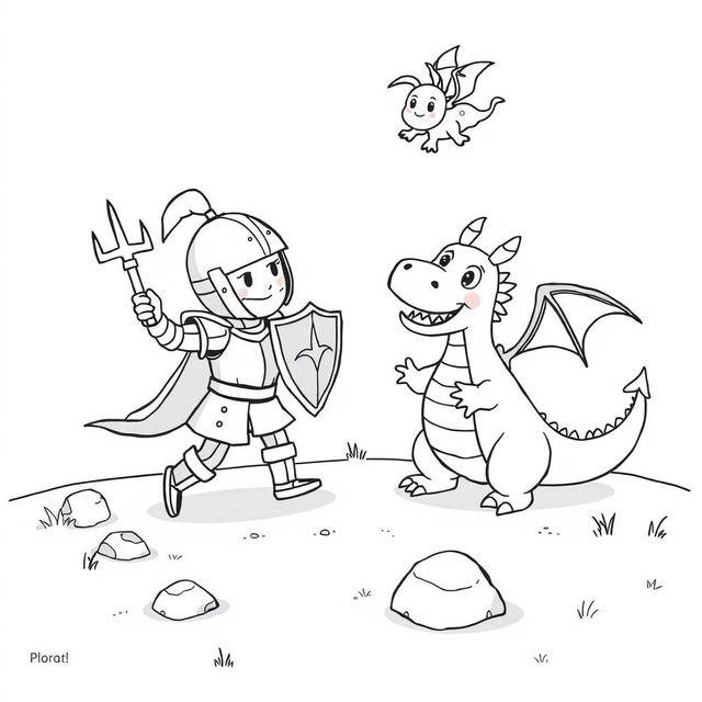 A whimsical, child-friendly scene depicting a cute knight in shiny armor energetically fighting a playful, cartoonish dragon