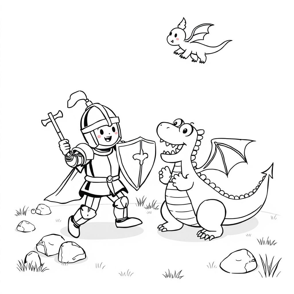 A whimsical, child-friendly scene depicting a cute knight in shiny armor energetically fighting a playful, cartoonish dragon