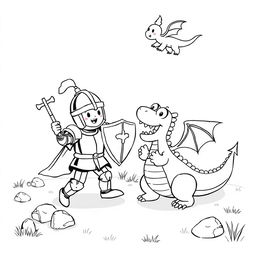 A whimsical, child-friendly scene depicting a cute knight in shiny armor energetically fighting a playful, cartoonish dragon