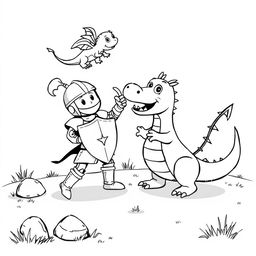 A whimsical, child-friendly scene depicting a cute knight in shiny armor energetically fighting a playful, cartoonish dragon