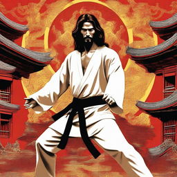 This digital art piece depicts Jesus Christ in a martial arts stance from the movie 'Enter the Dragon', set against the backdrop of the movie's oriental architecture