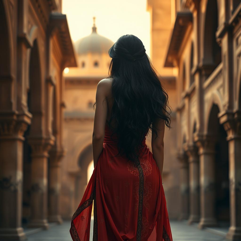 A dark-haired Arab femme fatale from 1875, showcasing a striking silhouette with a prominent backside, captured from a rear angle