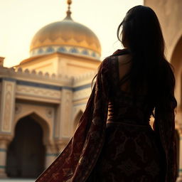 A dark-haired Arab femme fatale from 1875, showcasing a striking silhouette with a prominent backside, captured from a rear angle