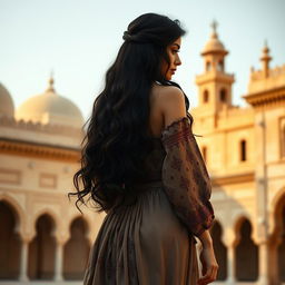 A dark-haired Arab femme fatale from 1875, showcasing a striking silhouette with a prominent backside, captured from a rear angle
