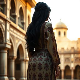 A dark-haired Arab femme fatale from 1875, showcasing a striking silhouette with a prominent backside, captured from a rear angle