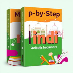 A visually appealing cover for a Hindi language learning book titled 'Step by Step Hindi for Absolute Beginners'