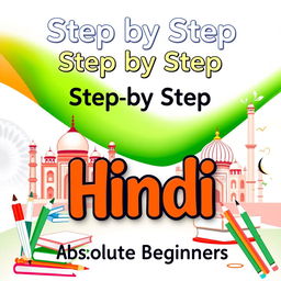 A visually appealing cover for a Hindi language learning book titled 'Step by Step Hindi for Absolute Beginners'