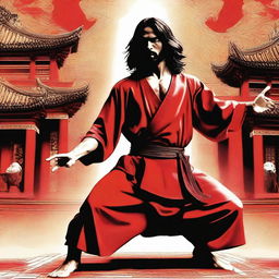 This digital art piece depicts Jesus Christ in a martial arts stance from the movie 'Enter the Dragon', set against the backdrop of the movie's oriental architecture