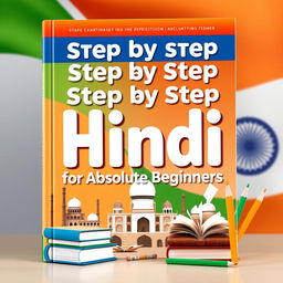 A visually appealing cover for a Hindi language learning book titled 'Step by Step Hindi for Absolute Beginners'