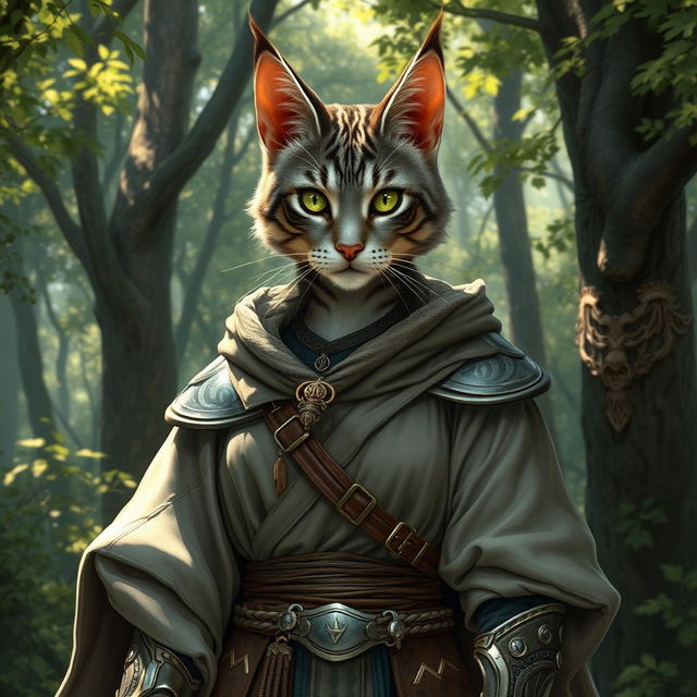 A grey tabby female tabaxi character, wearing beautifully detailed robes paired with elegant light armor