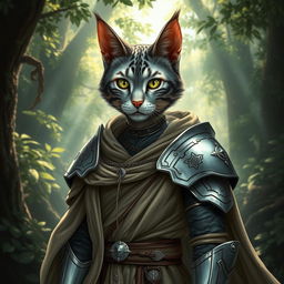 A grey tabby female tabaxi character, wearing beautifully detailed robes paired with elegant light armor