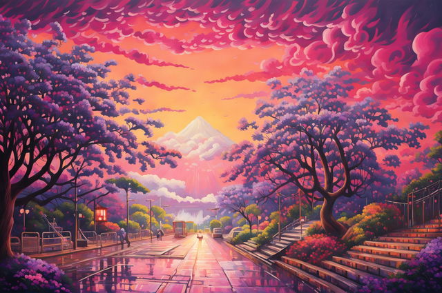 A high-definition, impressionistic painting of Arakurayama Sengen Park, featuring a blooming jacaranda tree, a brilliantly lit sunset sky, and an erupting Mt