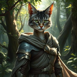 A grey tabby female tabaxi character, wearing beautifully detailed robes paired with elegant light armor