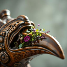 A detailed close-up of an intricate beaked mask, traditionally designed, adorned with fine carvings and patterns