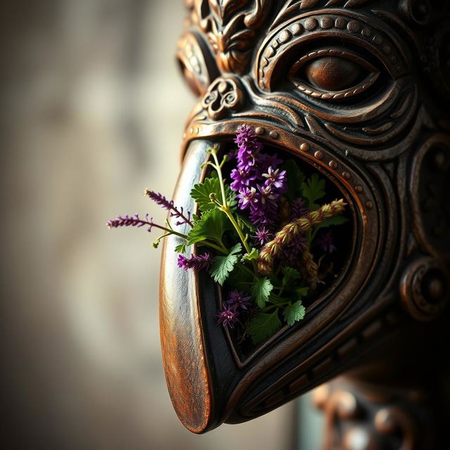 A detailed close-up of an intricate beaked mask, traditionally designed, adorned with fine carvings and patterns