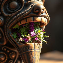 A detailed close-up of an intricate beaked mask, traditionally designed, adorned with fine carvings and patterns