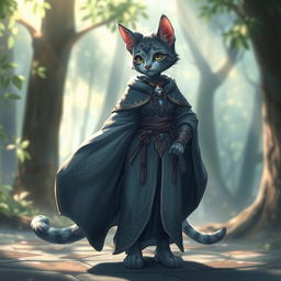 A blue-grey tabby female tabaxi character, elegantly dressed in flowing robes adorned with intricate patterns and light armor that glimmers softly