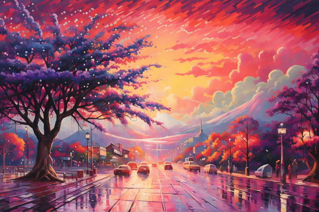 This high-definition, impressionistic painting presents a wide-angle view of Arakurayama Sengen Park, featuring a blooming jacaranda tree, a brilliant sunset sky, and a dramatic eruption of Mt