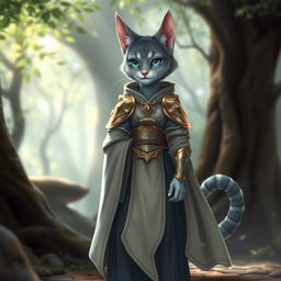 A blue-grey tabby female tabaxi character, elegantly dressed in flowing robes adorned with intricate patterns and light armor that glimmers softly
