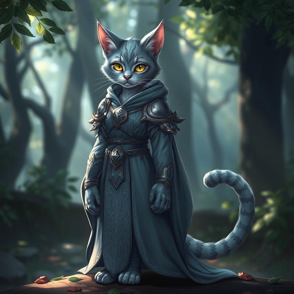 A blue-grey tabby female tabaxi character, elegantly dressed in flowing robes adorned with intricate patterns and light armor that glimmers softly