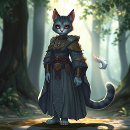 A blue-grey tabby female tabaxi character, elegantly dressed in flowing robes adorned with intricate patterns and light armor that glimmers softly