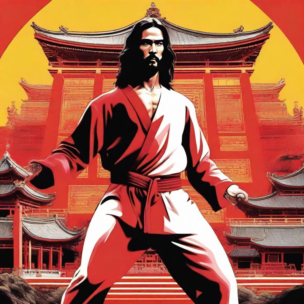 This high-definition digital art piece features Jesus Christ in a martial arts stance from 'Enter the Dragon', set against the movie's iconic oriental architecture