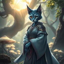 A blue-grey tabby female tabaxi character, elegantly dressed in flowing robes complemented by light armor