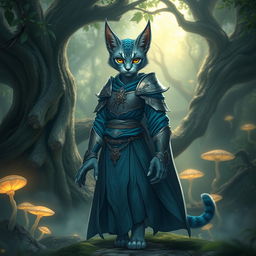 A blue-grey tabby female tabaxi character, elegantly dressed in flowing robes complemented by light armor