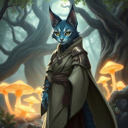 A blue-grey tabby female tabaxi character, elegantly dressed in flowing robes complemented by light armor