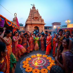 A vibrant celebration of Indian Hindu culture, showcasing a colorful festival scene filled with traditional dancers wearing elaborate costumes adorned with intricate patterns and bright colors