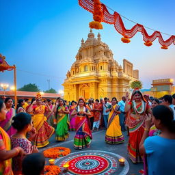A vibrant celebration of Indian Hindu culture, showcasing a colorful festival scene filled with traditional dancers wearing elaborate costumes adorned with intricate patterns and bright colors