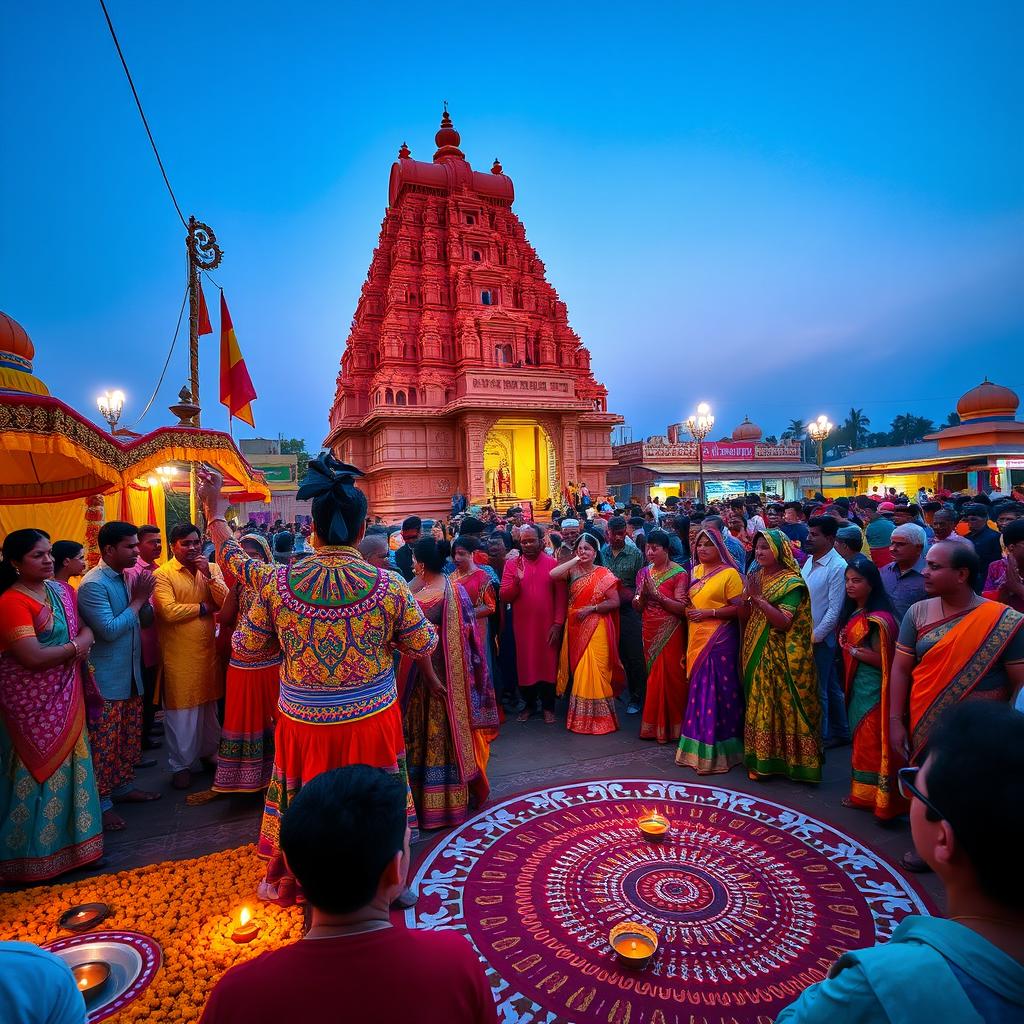 A vibrant celebration of Indian Hindu culture, showcasing a colorful festival scene filled with traditional dancers wearing elaborate costumes adorned with intricate patterns and bright colors