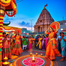 A vibrant celebration of Indian Hindu culture, showcasing a colorful festival scene filled with traditional dancers wearing elaborate costumes adorned with intricate patterns and bright colors