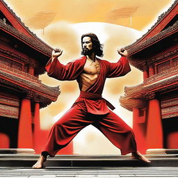 This high-definition digital art piece features Jesus Christ in a martial arts stance from 'Enter the Dragon', set against the movie's iconic oriental architecture