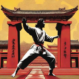 This high-definition digital art piece features Jesus Christ in a martial arts stance from 'Enter the Dragon', set against the movie's iconic oriental architecture