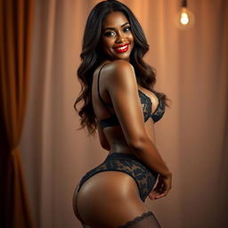 A sexy black lingerie model showcasing her stunning front face while highlighting her voluptuous figure and big booty