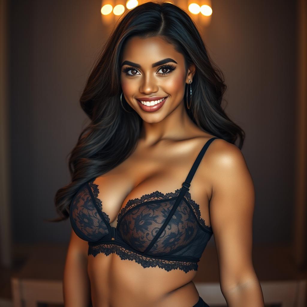 A sexy black lingerie model showcasing her stunning front face while highlighting her voluptuous figure and big booty