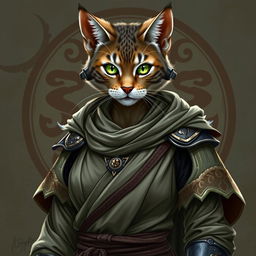 A grey tabby female tabaxi fighter character dressed in elegant robes and light armor, showcasing her fierce yet graceful demeanor