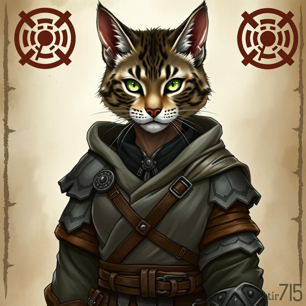 A grey tabby female tabaxi fighter character dressed in elegant robes and light armor, showcasing her fierce yet graceful demeanor