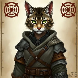 A grey tabby female tabaxi fighter character dressed in elegant robes and light armor, showcasing her fierce yet graceful demeanor