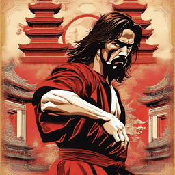 This high-definition digital art piece features Jesus Christ in a martial arts stance from 'Enter the Dragon', set against the movie's iconic oriental architecture